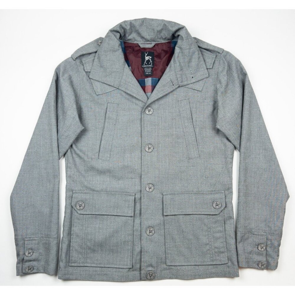 Kane & Unke Jacket Men's Medium Gray Utility Military Hidden Hood Button Up
